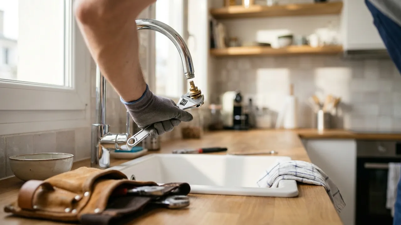 Plombier réparant un mitigeur de salle de bains dans une maison d'Élancourt